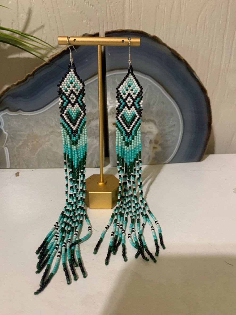 Turquoise & Black Seed Bead Fringe Earrings